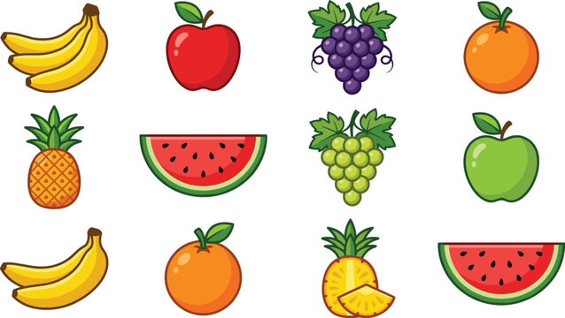 Fresh Fruit Vector Icon Set Featuring Banana Apple Grape Orange Pineapple and Watermelon Illustrations for Kids Learning Memory Games Nutrition and Grocery Design