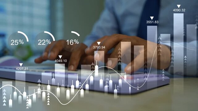Hands using a computer keyboard with digital holographic stock charts and financial graphs on the screen, Hologram digital stock market data growth and business analysis