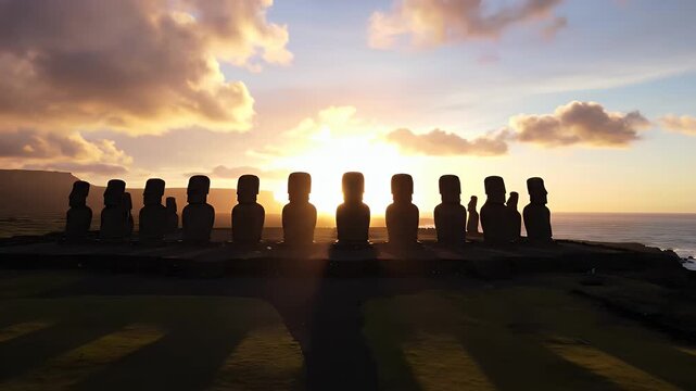 Moai statues stand silhouetted against a golden sunrise on Easter Island.