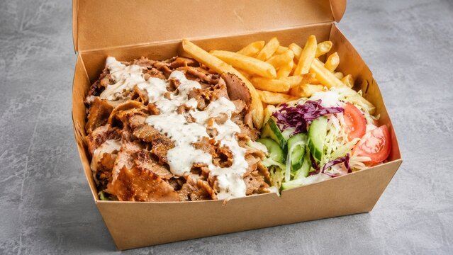 Gro&szlig;e D&ouml;nerbox zum Mitnehmen mit reichlich gegrilltem Fleisch, Pommes frites, Gurke, Tomate, Krautsalat und heller Knoblauchso&szlig;e auf grauer Tischfl&auml;che.