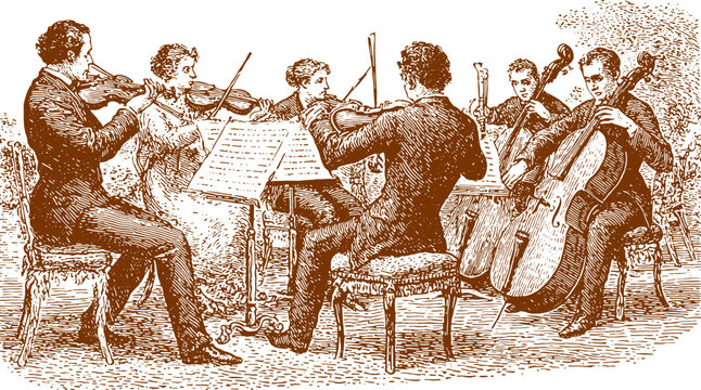 Musicians in a string quartet performance. Vintage vector illustration featuring violins, cello, and sheet music in a historical setting.