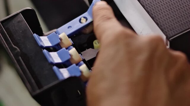 Close-up of a human hand closing and locking the ink tank cover on a printer