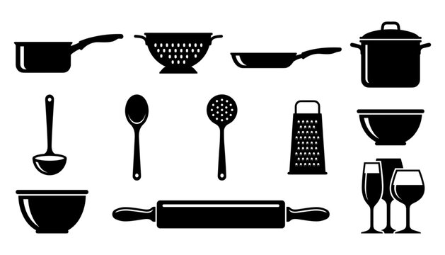 Kitchen Utensils and Cookware Set with Pots, Pans, Spoons, Grater, Rolling Pin, and Wine Glasses Featuring Cooking, Baking, Tools
