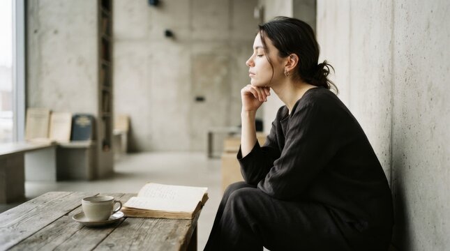 Woman in black, deep in thought