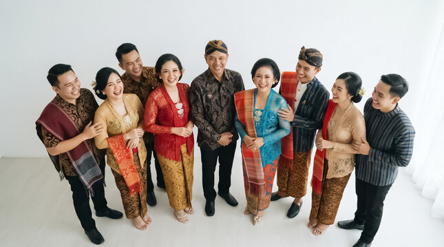 Professional studio portrait of multi-ethnic Indonesian people wearing traditional costumes like Batik and Kebaya, representing the national motto Unity in Diversity.