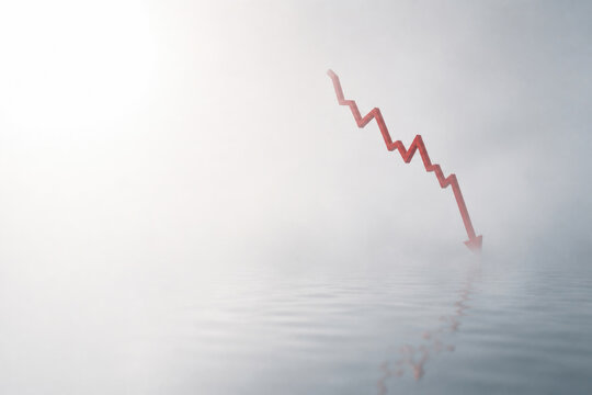 Red falling arrow over foggy water. Space for text.