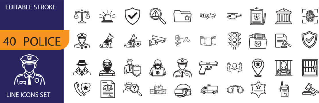 Police thin line icon set with law enforcement, prison, detective and editable stroke vectors.