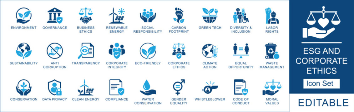 ESG and corporate ethics icon set. Featuring sustainability, governance, business ethics, renewable energy and compliance. Vector icons for annual reports, corporate brochures and eco websites.