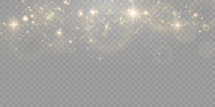 Golden glitter dust and shining stardust overlay set. Realistic magical glowing sparks, Christmas light particles and bright luxury bokeh effects on transparent png background.