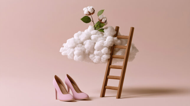 Surreal minimalist composition with pink high heels, wooden ladder, cotton cloud and cotton plant on pastel background. Dreamy fashion concept.