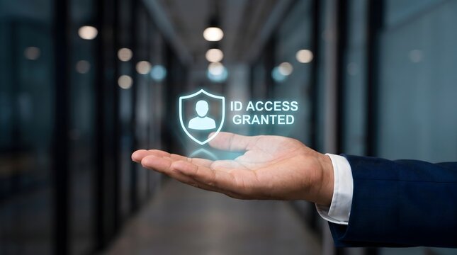 Businessman Holding Digital ID Access Granted Shield Icon | Identity Verification, Secure Authentication and Cybersecurity Access Control