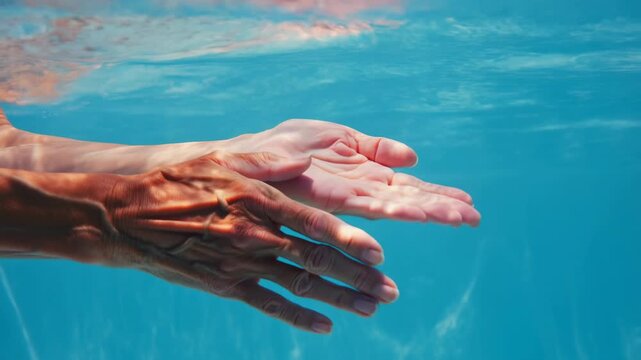 Underwater closeup of adult hands gently separating into cupped palms just below water surface, with soft rotation, ripples, sunlight, and serene blue clarity, with hand, underwater, pool, water