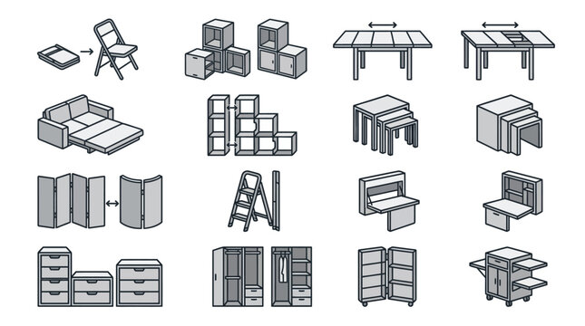 Corporate Illustrated Guide to Modular and Transformable Furniture Designs in Monochrome with high quality professional line art symbols for modern creative design and digital branding projects