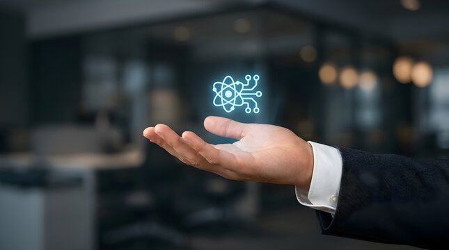 Quantum AI Technology Hologram Icon Above Business Hand in Modern Office Innovation Concept