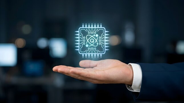 Quantum Computing Processor Chip Hologram Above Business Hand in Modern Office Technology Concept