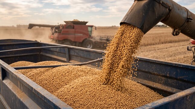 Soybean harvest pouring from combine into trailer during golden hour agricultural field work