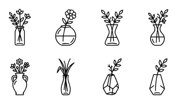 8 floral vase silhouette icons set, simple line art style, home decor
