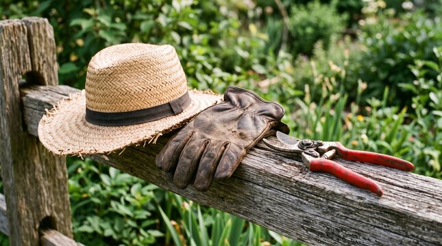Gardening tools including a straw hat leather gloves and pruning shears resting on a rustic wooden fence