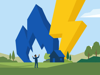A man faces a looming energy crisis, symbolized by a giant lightning bolt striking a mountain. Rising utility bills threaten a home. Dramatic, impactful illustration. © Vector Factory