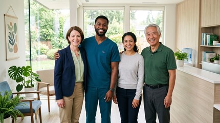Fototapeta premium Diverse group of smiling people including a healthcare professional and patients in a modern clinic waiting room