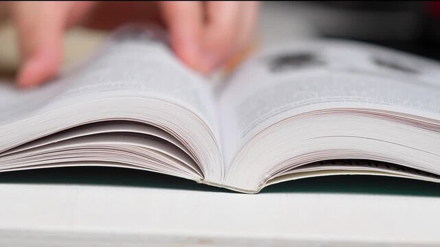 Close-up of a person's hands turning pages of an open book on a desk. Selective focus on open textbook pages, reading, studying, and education concept.