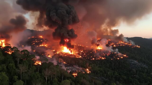 A devastating wildfire rages across a forested mountainside, engulfing trees in flames and sending plumes of dark smoke into the sky.