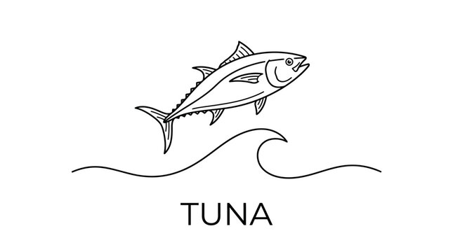 Minimalist line art illustration of a jumping tuna fish over a wave.