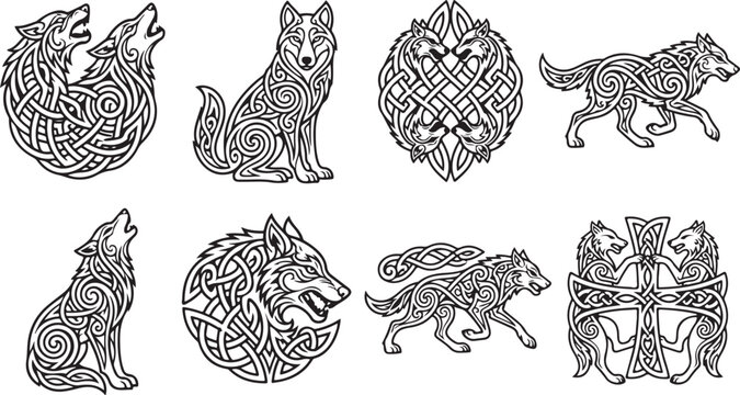 Set of celtic wolf knotwork designs with tribal animal patterns and decorative black line art