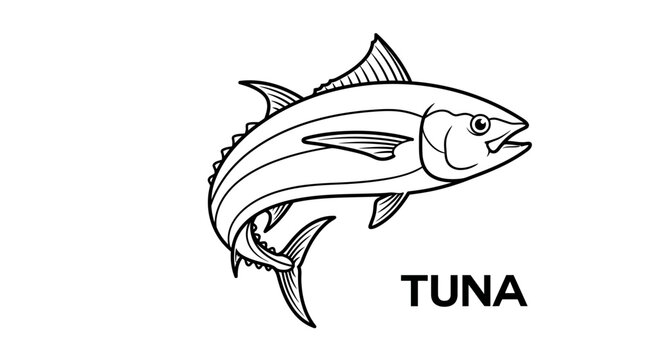 A black and white line art illustration of a tuna fish.