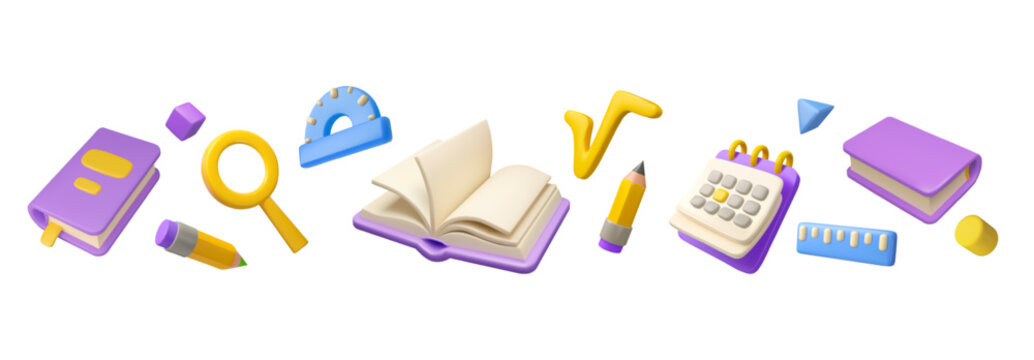 3D school supplies vector set with open book, pencil, calendar, and math symbols isolated on white background