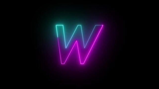 Alphabet W letters with glowing neon line on cyan and magenta color
