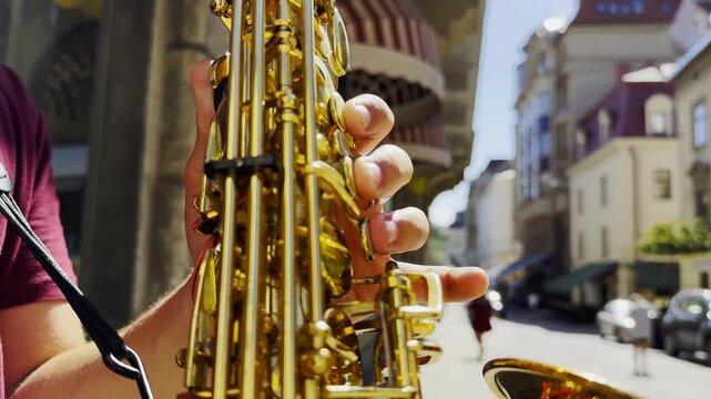 Male fingers of musician play the saxophone on summer day. Natural light reflects off metal surface, highlighting movement and rhythm. Scene captures live urban music and atmosphere street performance