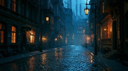 Fototapeta premium Rainy night in a dark alleyway with lit street lamps