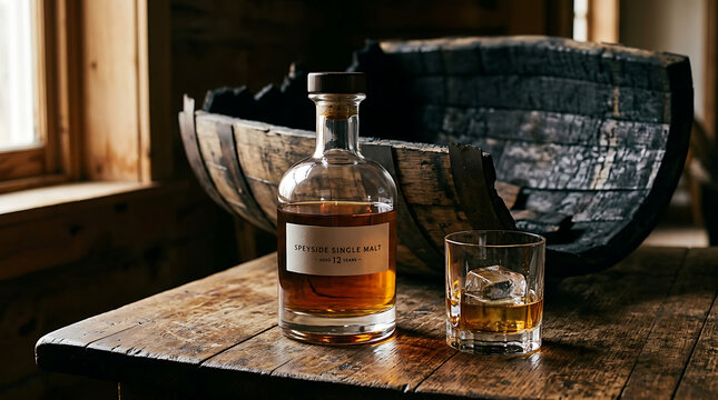 Glass bottle and tumbler of aged golden whiskey on rustic oak barrel table with distillery beverage celebration cocktail