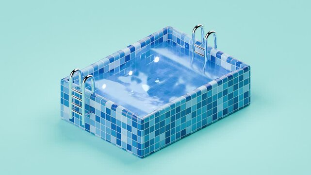 3d tiled isometric swimming pool with moving water, light blue background