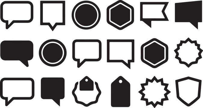 Set of black speech bubbles and communication shapes for labels and icons