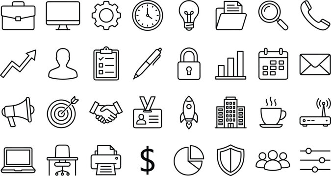 Business and office management thin linear vector icon set with computer briefcase charts clock handshake and calendar.