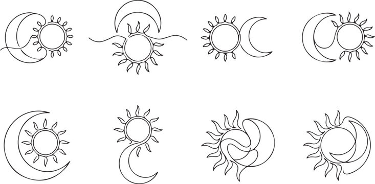 Set of sun and moon line art icons featuring creative celestial combinations in black ink style