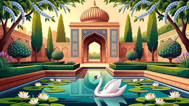 Ancient Roman garden with balustrade, fountain, temple, dome, peacock, parrot, bird, flower seamless pattern illustration