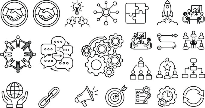 Business teamwork and partnership vector line art icon set with gears rocket puzzle handshake and organization chart elements.