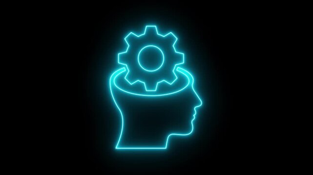 glowing neon Human head silhouette with gear icon isolated on black background, symbolizing logical thinking, brain mechanics, mind settings, artificial intelligence and problem-solving. 4k video.