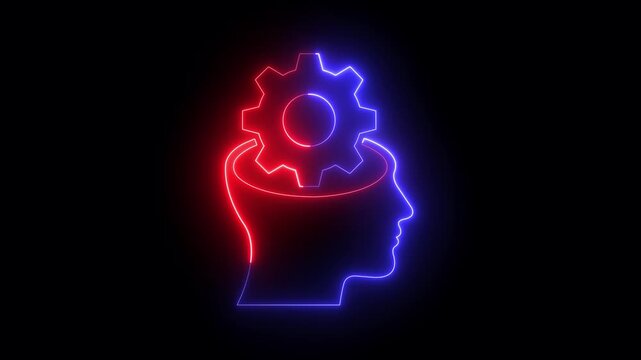 glowing neon Human head silhouette with gear icon isolated on black background, symbolizing logical thinking, brain mechanics, mind settings, artificial intelligence and problem-solving. 4k video.