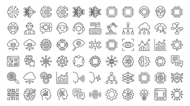 A collection of various technical and business icons are shown in a grid.