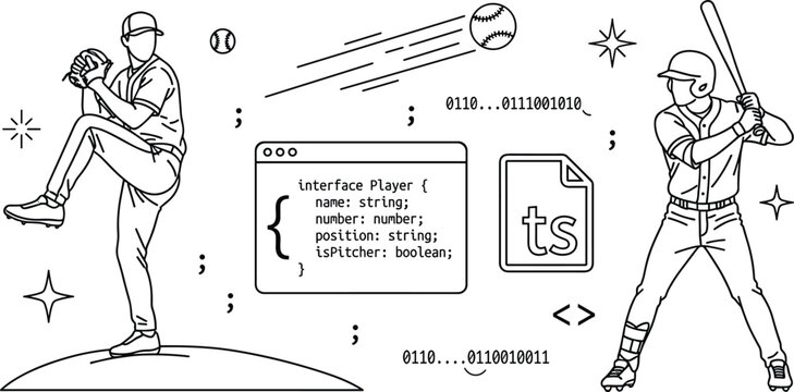 Baseball software development vector line art elements icon set with programming typescript code pitcher and batter players.
