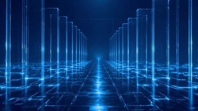 Glass cinematic background Broadcast Intro BG.Broadcast finance, banking and news report.Futuristic technology stock market Modern office hallway with reflective tiled floor and warm ambient