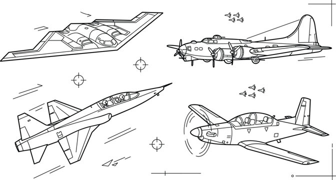 Military warplanes vector line icon set featuring bomber stealth jet fighter airplane propeller trainer and target crosshairs