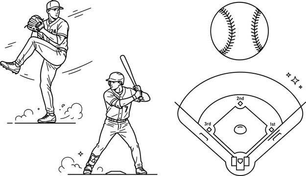 Baseball sports vector element set featuring pitcher throwing ball batter swinging bat baseball field and stitched ball