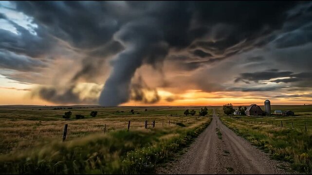 Destructive tornado funnel at golden hour sunset.