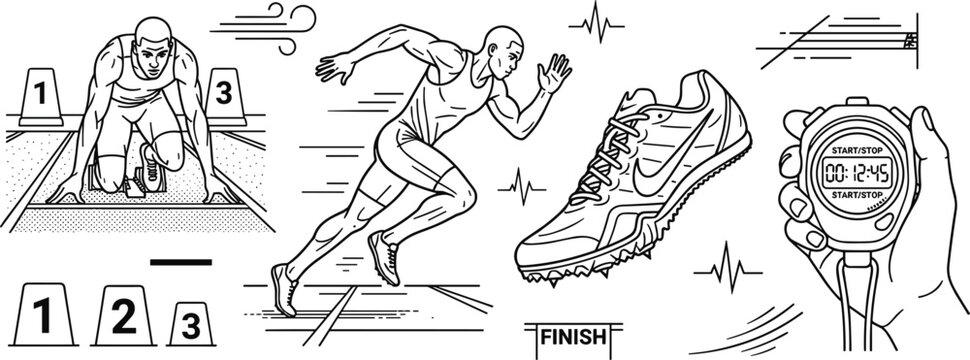 Track and field running vector element set featuring runners starting blocks sprinting sneaker stopwatch and finish line