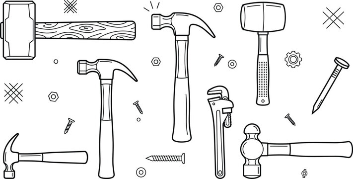 Hand tools vector element set featuring claw hammer sledgehammer mallet pipe wrench screws nails and hex nuts